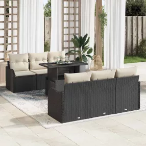   Kerti Kanapé Szett 7 db 6-Ülőhelyek száma Fekete Poly Rattan