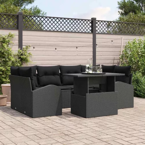 Kerti Kanapé Szett 7 db Fekete Poly Rattan