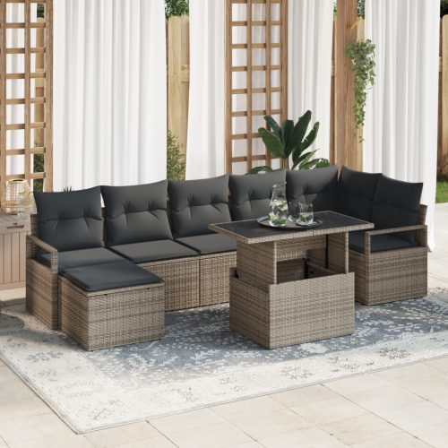 8 Részes Kerti Sofa Szett Párnákkal Szürke Poli Rattan
