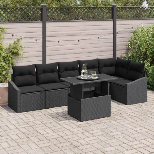Kerti Kanapé Szett 7 pcs Fekete polirattan & Porszórt acél