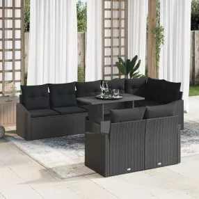   vidaXL Kerti Kanapé Szett 9 pcs Fekete polirattan & Porszórt acél