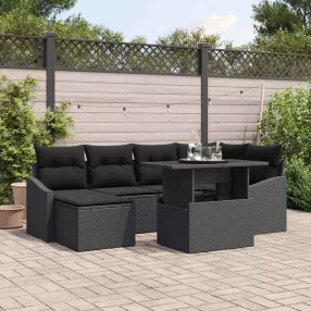   vidaXL Kerti Kanapé Szett 7 pcs Fekete Poli rattan és porfestett acél