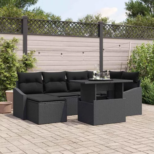 vidaXL Kerti Kanapé Szett 7 pcs Fekete Poli rattan és porfestett acél