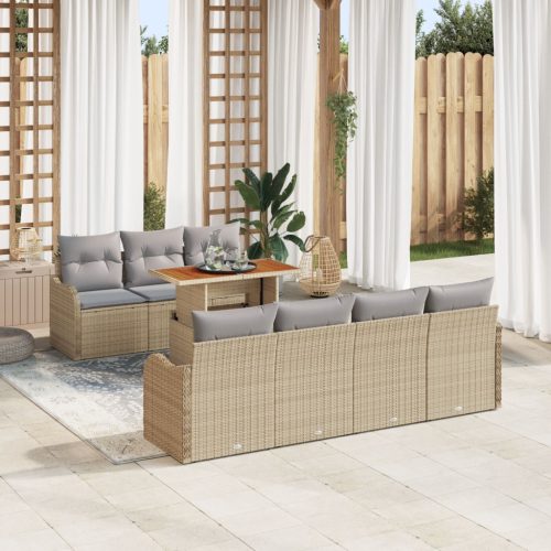 8 részes bézs poly rattan kerti kanapé szett párnákkal, 2 személyes kerti kanapé tárolóval és párnákkal bézs poly rattan