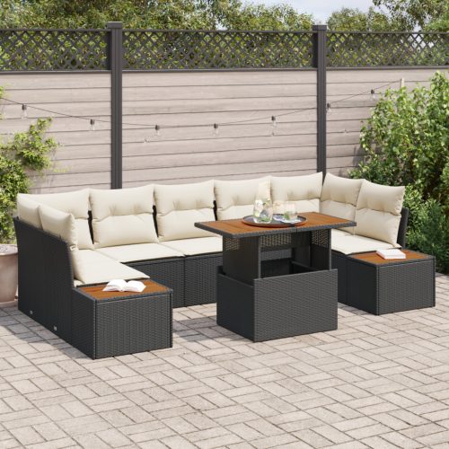 8 Részes Kert Sofa Szett Párnákkal Fekete Poly Rattan