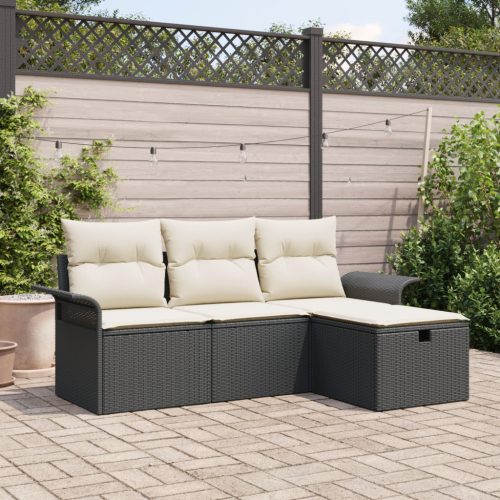 4 darabos Kerti Sofa Szett Párnákkal Fekete Poli Rattan