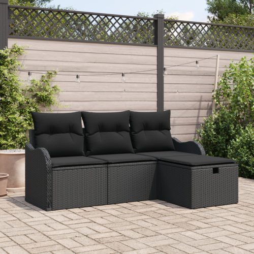 4 Részes Kerti Sofa Szett Párnákkal Fekete Poli Rattan