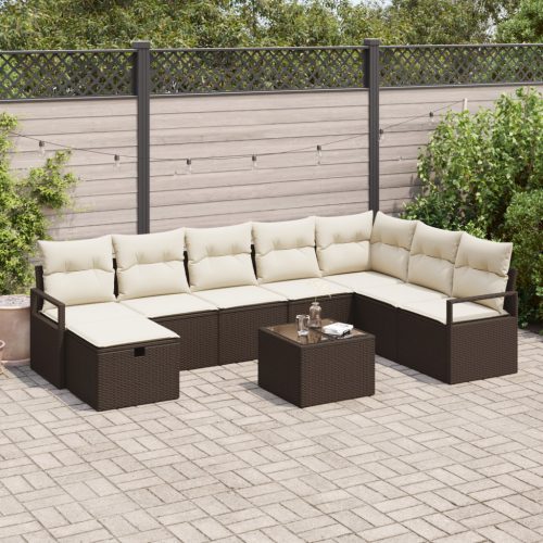 9 Részes Kerti Sofa Készlet Párnákkal Barna Polirattan, 2-Fős Kerti Sofa Párnákkal Barna Polirattan