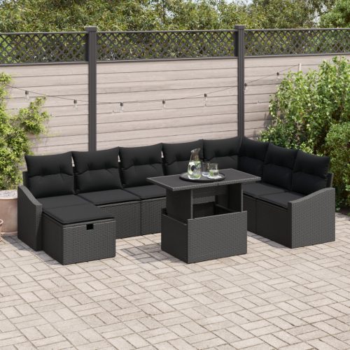 9 Darabos Kerti Kanapé Szett Párnákkal Fekete Poly Rattan
