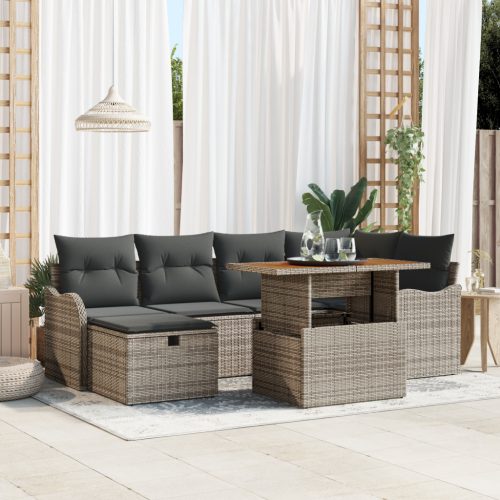 7 Darabos Kert Sofa Szett Levehető Párnákkal Szürke Poli Rattan