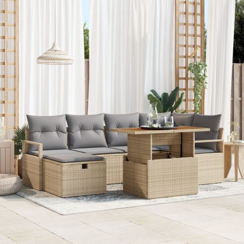 7 Darabos Kerti Sofa Készlet Párnákkal Bézs Poli Rattan, 2 Személyes Kerti Sofa Párnákkal Bézs Poli Rattan