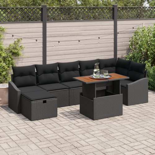 8 Részes Kerti Kanapészett Párnákkal Fekete Poly Rattan