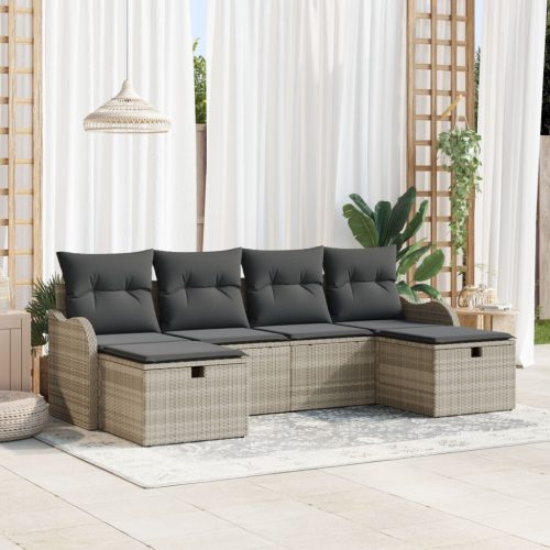 6 Darabos Kerti Sofa Készlet Párnákkal Világosszürke Poli Rattan, 2 Személyes Kerti Sofa Tárolóval & Párnákkal Világosszürke Poli Rattan