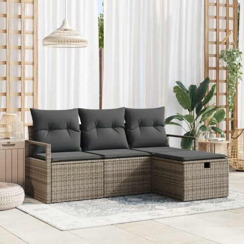 4 Részes Kert Kanapé Szett Párnákkal Szürke Poly Rattan, 2 Személyes Kert Kanapé Tárolóval & Párnákkal Szürke Poly Rattan