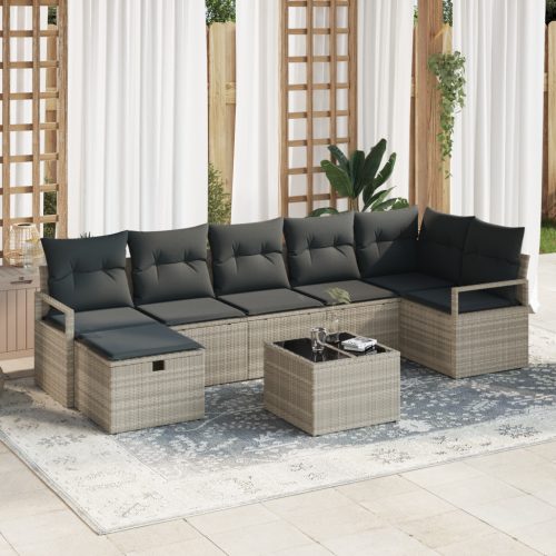 8 Részes Kerti Kanapészett Párnákkal, Világosszürke Polyrattan