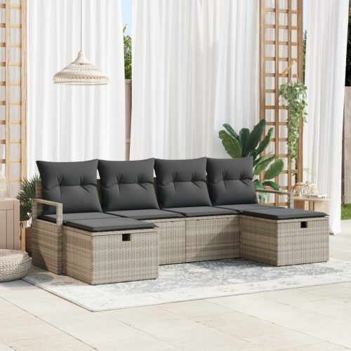 6 Részes Kerti Sofa Készlet Párnákkal Világosszürke Poli Rattan, 2-Személyes Kerti Sofa Tárolóval és Párnákkal Szürke Poli Rattan