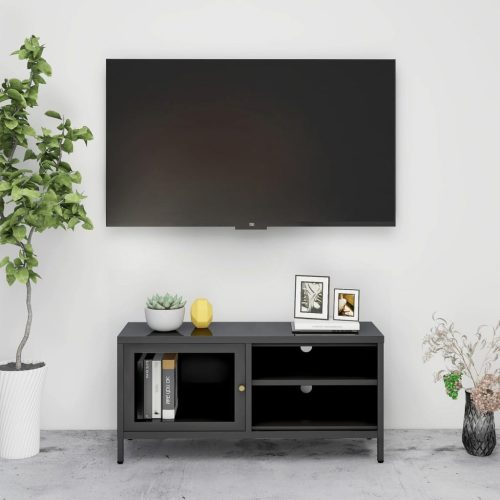 Antracitszürke acél és üveg TV-szekrény 90 x 30 x 44 cm