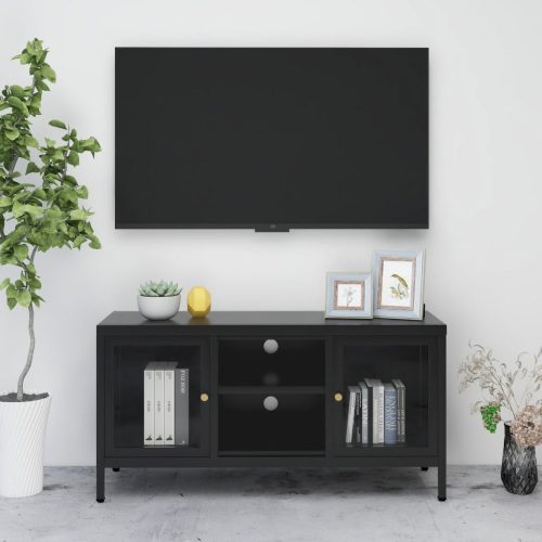 Fekete acél és üveg TV-szekrény 105 x 35 x 52 cm
