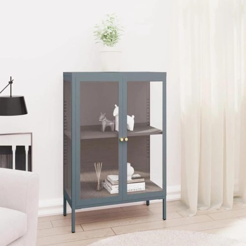 antracitszürke acél és üveg tálalószekrény 75 x 35 x 105 cm