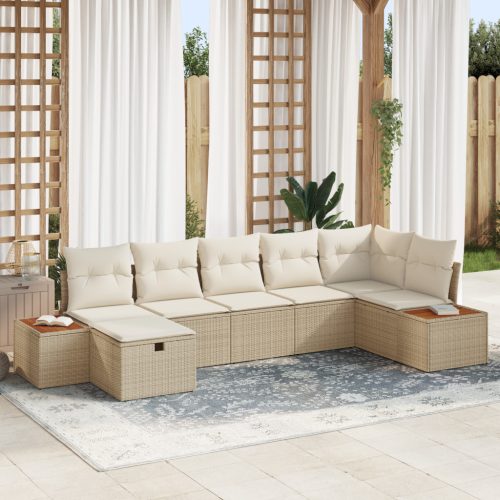 7 Darabos Kerti Sofa Szett Párnákkal Bézs Poli Rattan