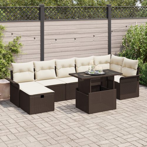 8 Részes Kert Sofaszett Párnákkal Barna Poli Rattan, 2-Személyes Kert Sofa Tárolóval és Párnákkal Barna Poli Rattan