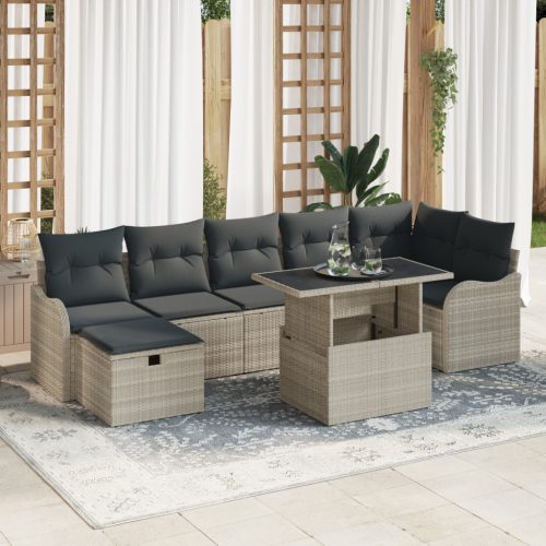 8 darabos kerti kanapé szett párnákkal, világosszürke poli rattan, 2 személyes kerti kanapé tárolóval és párnákkal, világosszürke poli rattan