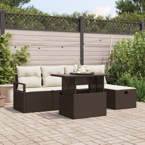 6 darabos Kerti Kanapészett Párnákkal Barna Poly Rattan, 2 személyes Kerti Kanapé Tárolóval & Párnákkal Barna Poly Rattan