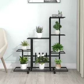   fekete acél virágtartó állvány kerékkel 94,5 x 25 x 92,5 cm