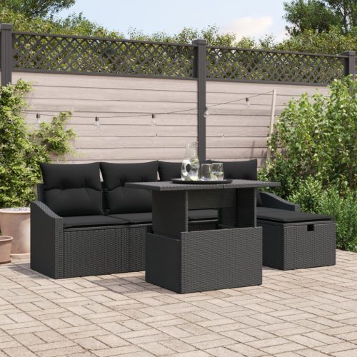 6 részes kerti kanapészett párnákkal - Fekete poly rattan