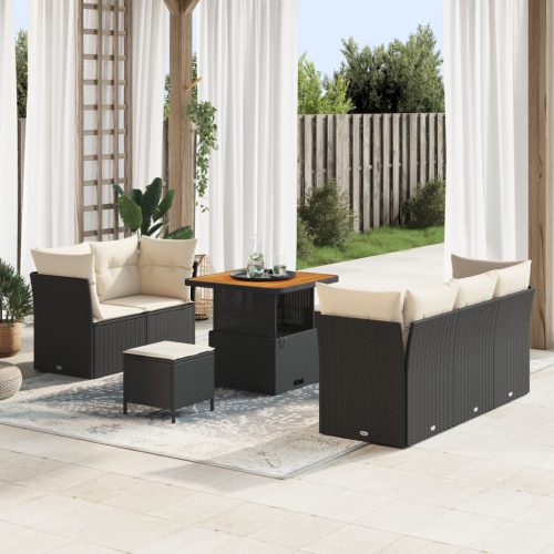 8 részes kerti kanapé szett párnákkal fekete poly rattan akáccal, 3 részes kerti étkező szett párnákkal fekete poly rattan akáccal