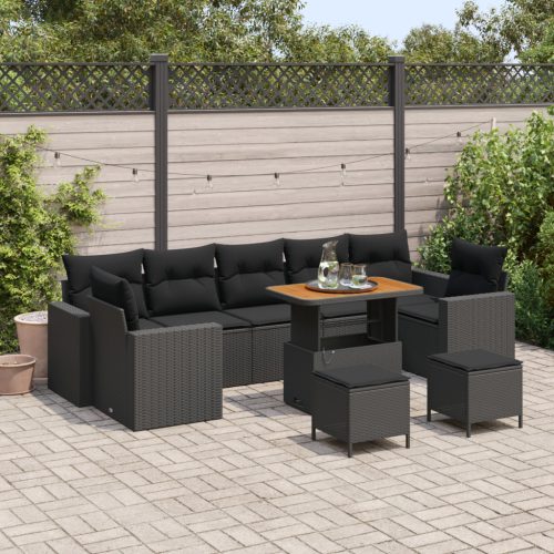 10 darabos kert kanapé szett párnákkal, fekete poli rattan akácia, 3 darabos kert étkező szett párnákkal, fekete poli rattan akácia