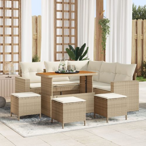 8 darabos Kerti Sofa Szett Párnákkal Bézs Poli Rattan Akác, 3 darabos Kerti Étkező Szett Párnákkal Bézs Poli Rattan Akác