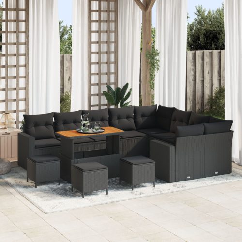 12 Részes Kerti Sofa Készlet Párnákkal Fekete Poli Rattan Akác, 3 Részes Kerti Étkező Készlet Párnákkal Fekete Poli Rattan Akác