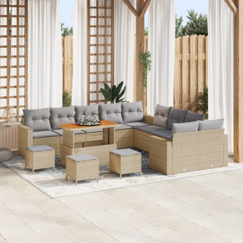 13 darabos kerti sofa szett párnákkal Bézs Poli Rattan Akácia, 3 darabos kerti étkező szett párnákkal Bézs Poli Rattan Akácia