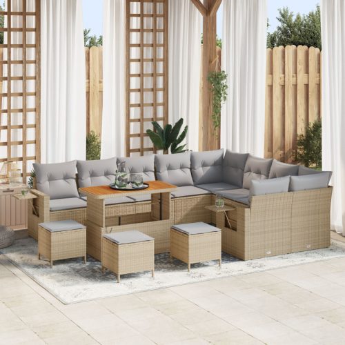 12 részes kerti sofa szett párnákkal bézs poli rattan anyagból, 3 részes kerti étkező szett párnákkal bézs poli rattan anyagból