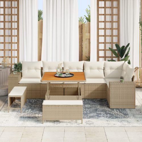 9 Részes Kerti Sofa Szett Párnákkal Bézs Poli Rattan Akác