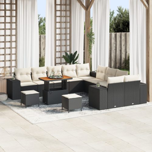 13 Darabos Kert Sofa Szett Párnákkal Fekete Poli Rattan Akácia, 3 Darabos Kert Étkező Szett Párnákkal Fekete Poli Rattan Akácia