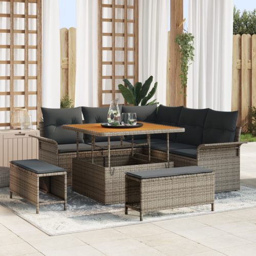 8 darabos kertibútor szett párnákkal, szürke poly rattan acacia