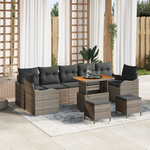 10 Darabos Kerti Sofa Szett Párnákkal Szürke Poli Rattan Akácia