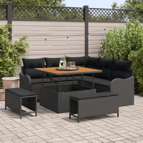 8 részes kerti kanapészett párnákkal, fekete poly rattan akác