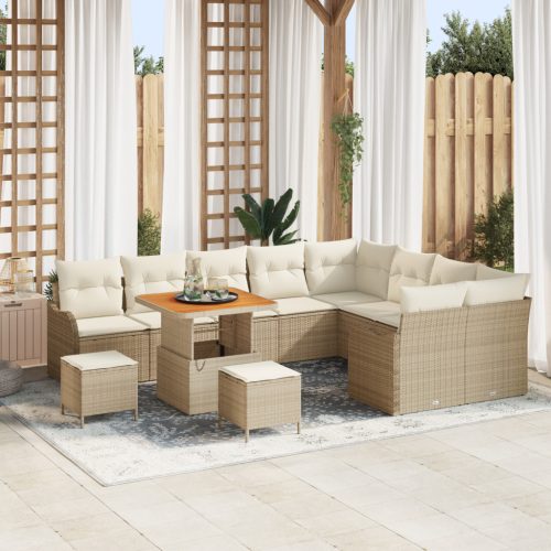 12 Részes Kerti Kanapészett Párnákkal Bézs Poly Rattan Acacia