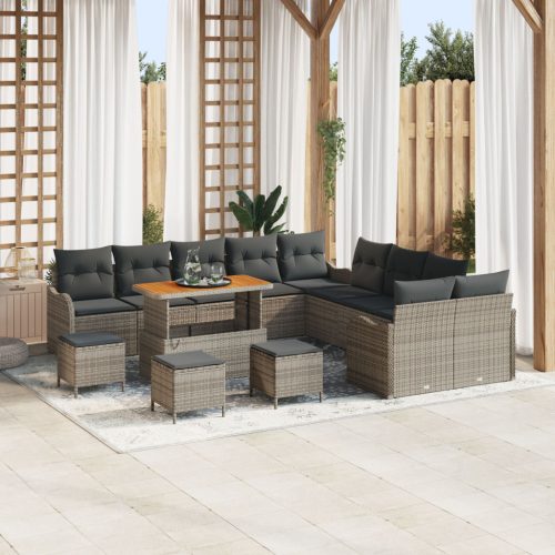 14 darabos kerti kanapészett párnákkal Szürke Poli Rattan Akác, 2 fős kerti kanapé párnákkal Szürke Poli Rattan, 4 darabos kerti étkezős szett párnákkal Szürke Poli Rattan Akác