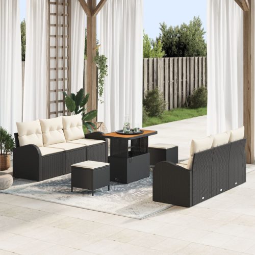 9 darabos kerti kanapé szett párnákkal, fekete, poli rattan, akác, 2 személyes kerti kanapé párnákkal, fekete poli rattan, 3 darabos kerti étkező szett párnákkal, fekete poli rattan, akác