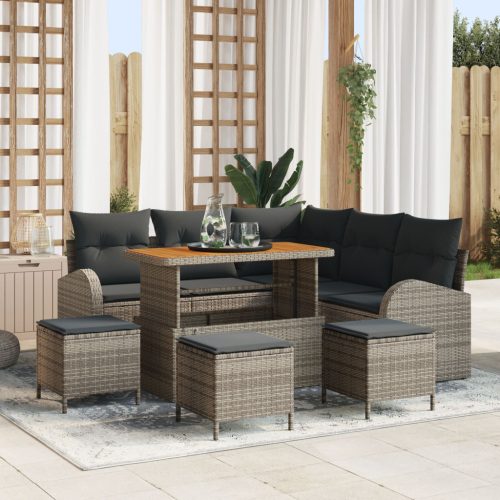 9 darabos Kerti Kanapé Szett Párnákkal Szürke Polyrattan Akáciával, 2-Fős Kerti Kanapé Párnákkal Szürke Polyrattan, 4 darabos Kerti Étkező Szett Párnákkal Szürke Polyrattan Akáciával