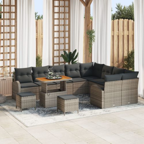 12 Darabos Kerti Kanapé Szett Párnákkal Szürke Poly Rattan Akác, 3 Darabos Kerti Étkező Szett Párnákkal Szürke Poly Rattan Akác, Kétfős Kerti Kanapé Párnákkal Szürke Poly Rattan