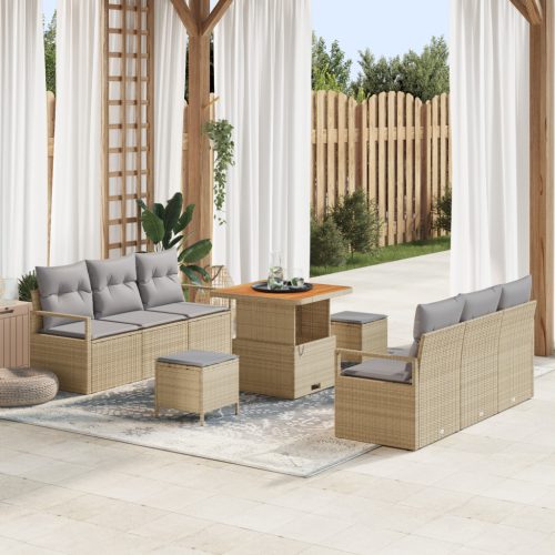 9 darabos Kert Sofa Szett Párnákkal Bézs Poli Rattan Akácia