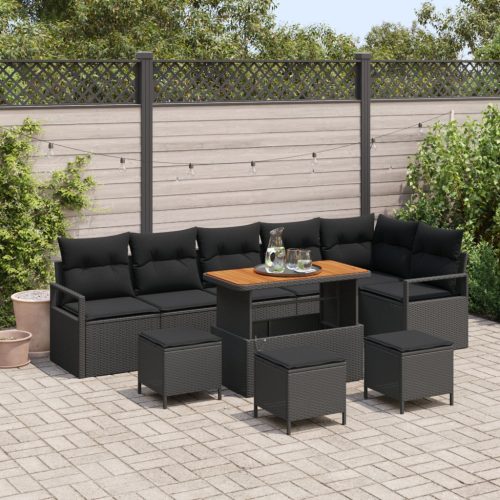 9 részes kerti kanapé szett párnákkal, fekete poli rattan akáccal, 2 fős kerti kanapé párnákkal, fekete poli rattan, 3 részes kerti étkező szett párnákkal, fekete poli rattan akáccal