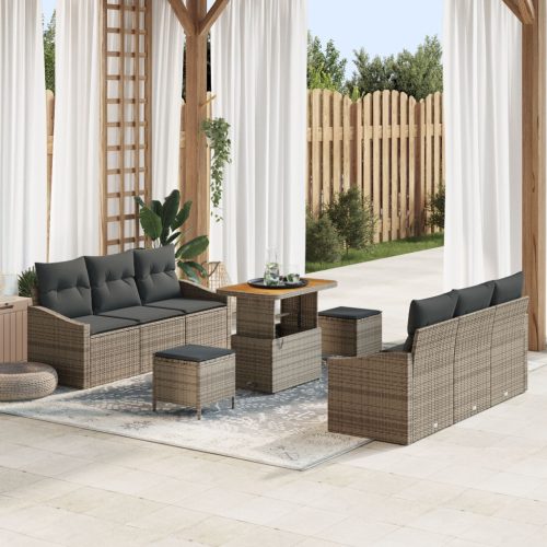 9 Részből álló Kertibútor Szett Párnákkal Szürke Poli Rattan Akác, 2-személyes Kertibútor Párnákkal Szürke Poli Rattan, 3 Részből álló Kert Étkező Szett Párnákkal Szürke Poli Rattan Akác