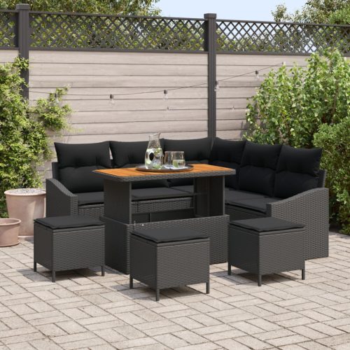 8 Részes Kert Kanapé Szett Párnákkal Fekete PE Rattan Akác, 2 Fős Kert Kanapé Párnákkal Fekete PE Rattan, 3 Részes Kert Étkező Szett Párnákkal Fekete PE Rattan Akác