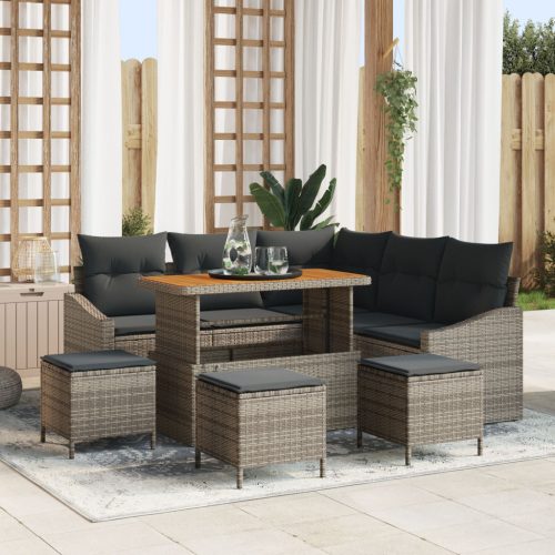 8 darabos kerti kanapé szett párnákkal szürke poli rattan akáciával, 2 fős kerti kanapé párnákkal szürke poli rattan, 3 darabos kerti étkező szett párnákkal szürke poli rattan akáciával